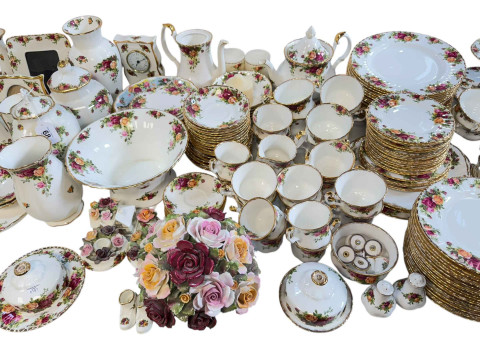 Large collection of Royal Albert Old Country Roses including dinner and teaware, vases, clocks, telephone, planters, posies, etc. thumbnail