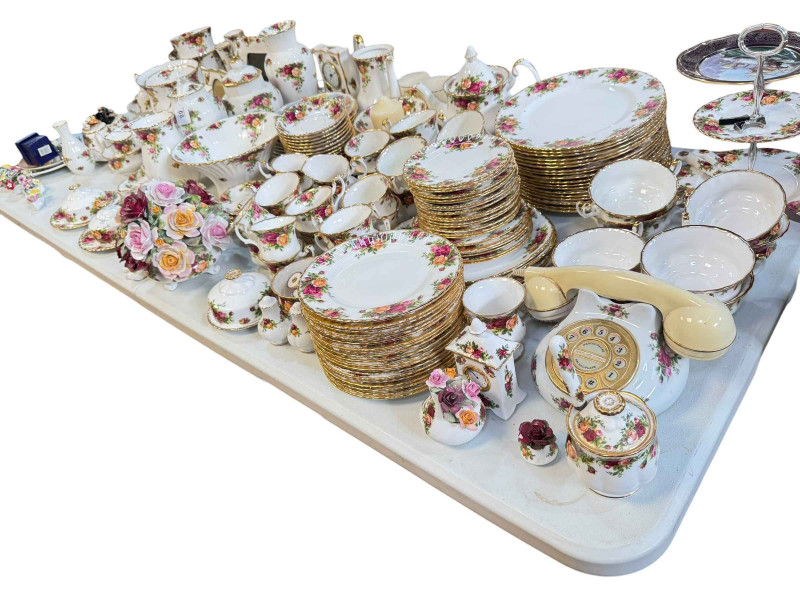Large collection of Royal Albert Old Country Roses including dinner and teaware, vases, clocks, telephone, planters, posies, etc.