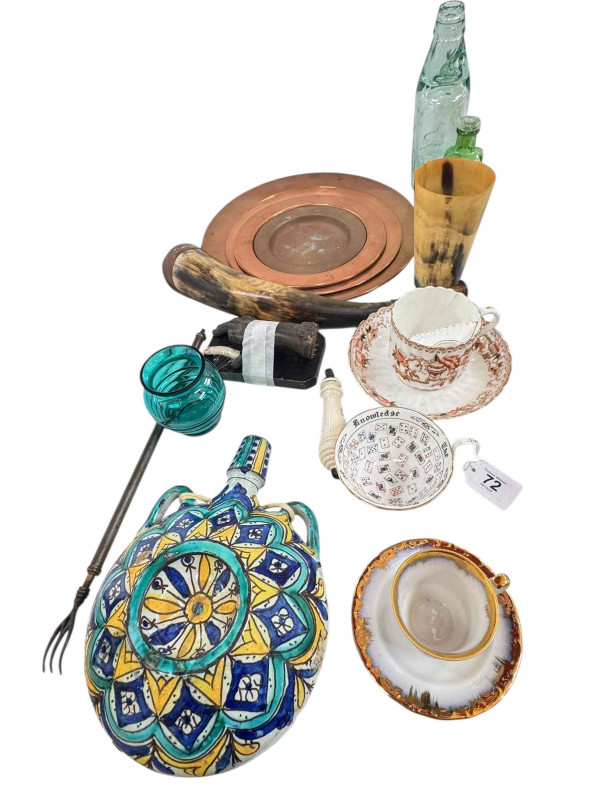 Four copper plates, horn beaker and hunting horn, cups and saucers, Victorian toilet pull, pottery flask, etc.