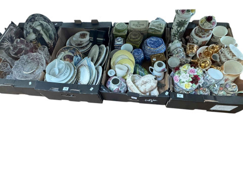 Eight boxes of glass, china, Ringtons, teaware, collectors plates, jardiniere,...