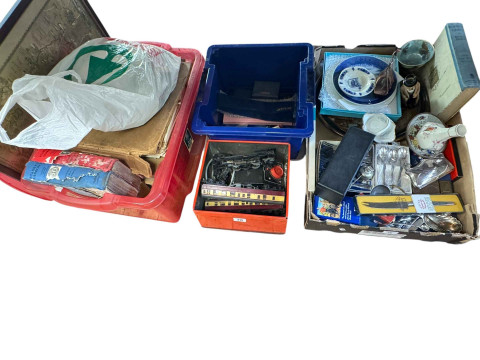 Box of stamps and albums, model railway engine tender, two coaches and...