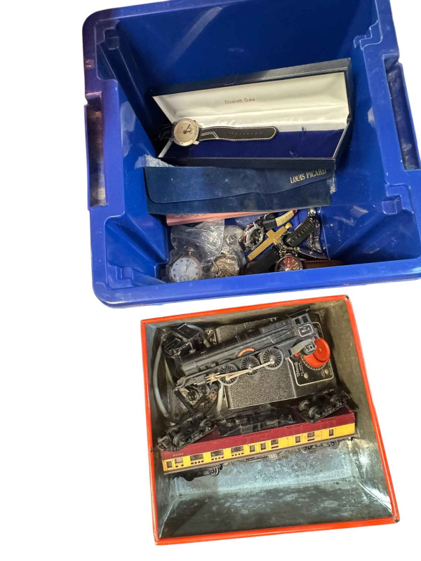 Box of stamps and albums, model railway engine tender, two coaches and controller, wristwatches, jewellery, silver plate, Aynsley lustre bowl, etc.