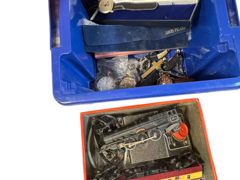 Box of stamps and albums, model railway engine tender, two coaches and controller, wristwatches, jewellery, silver plate, Aynsley lustre bowl, etc. thumbnail