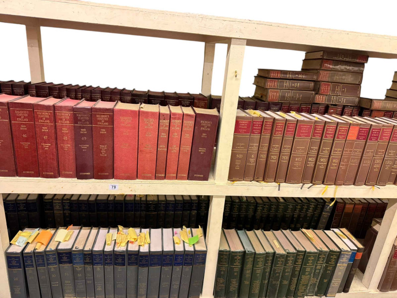 Large collection of law books including Halsburys Laws of England, Halsburys Statutes of England, Encyclopedia of Forms and Precedents, etc.