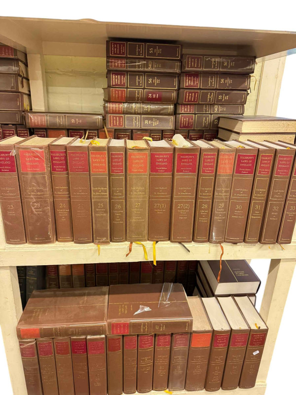 Large collection of law books including Halsburys Laws of England, Halsburys Statutes of England, Encyclopedia of Forms and Precedents, etc.