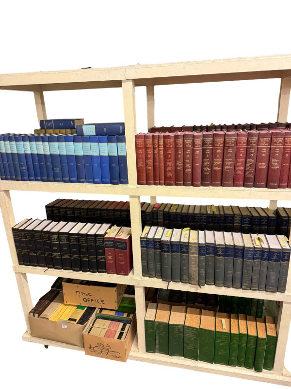 Large collection of law books including Halsburys Laws of England, Halsburys Statutes of England, Encyclopedia of Forms and Precedents, etc.