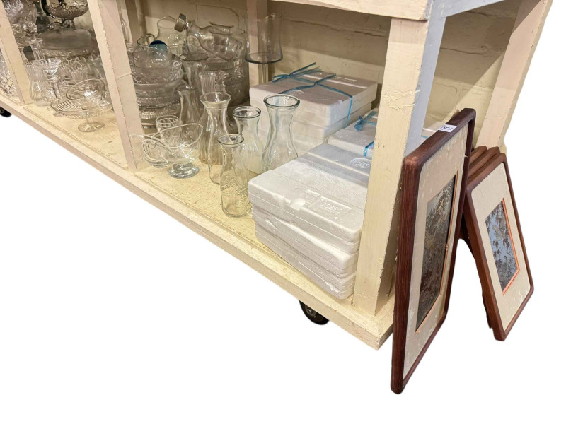 Collection of glass decanters, vases, bowls and various glassware, boxed angel ornaments and five Oriental etchings.