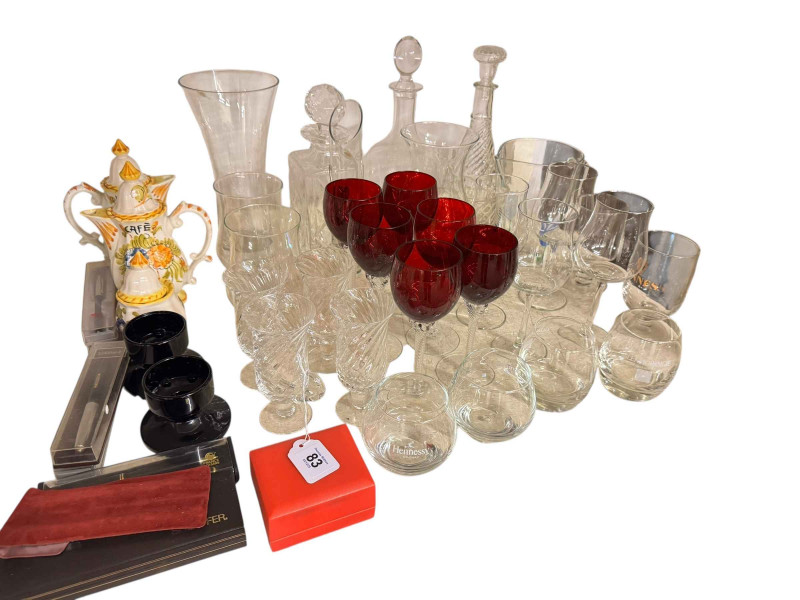 Collection of glassware, china, pens, watch, picnic hamper, case, soft goods, kitchen utensils, etc.