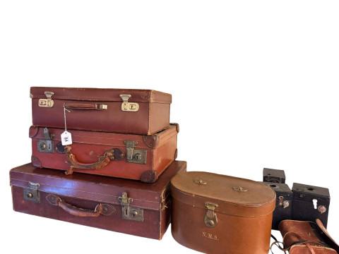 Three vintage cases, hat box, box cameras and pair binoculars.