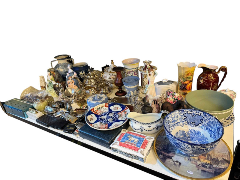 Collection of coins, lighters, Doulton figures, Wedgwood, Poole, Crown Devon, plated tea set, etc.