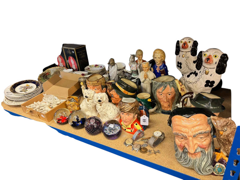 Collection of Beswick hounds, Royal Doulton character jugs, figures, dogs, Caithness paperweights, pictures, etc.