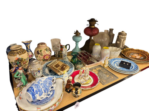 Oil lamps, figures, Continental plates, Spode, Masons, Wedgwood, etc.