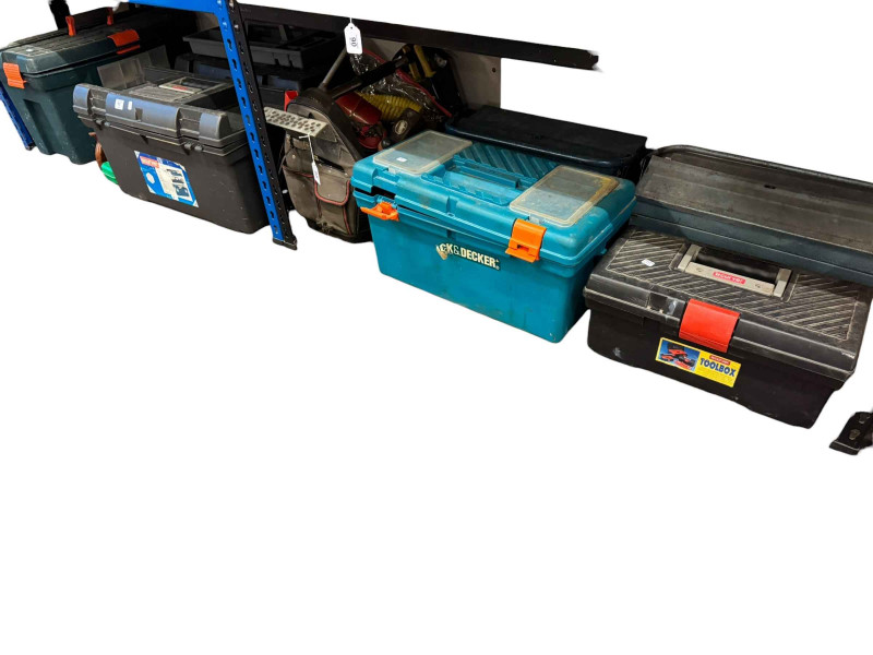 Collection of tool boxes and tools.
