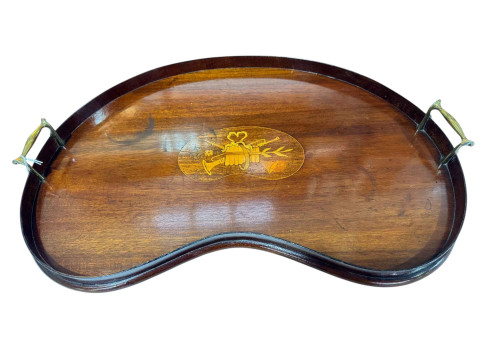 Edwardian inlaid mahogany kidney shaped tea tray, oval papier mache and...