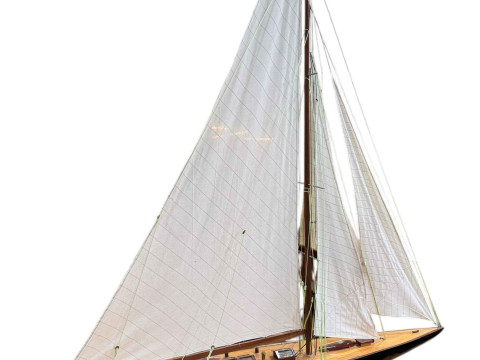Large four sail pond yacht and stand, yacht 181cm to top of mast, length 148cm, stand 81cm by 164cm by 25.5cm. thumbnail