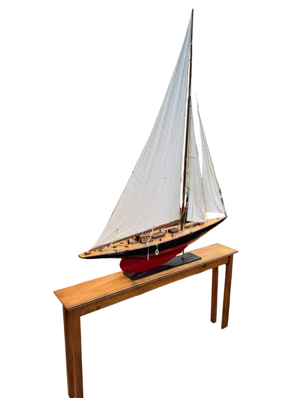 Large four sail pond yacht and stand, yacht 181cm to top of mast, length 148cm, stand 81cm by 164cm by 25.5cm.