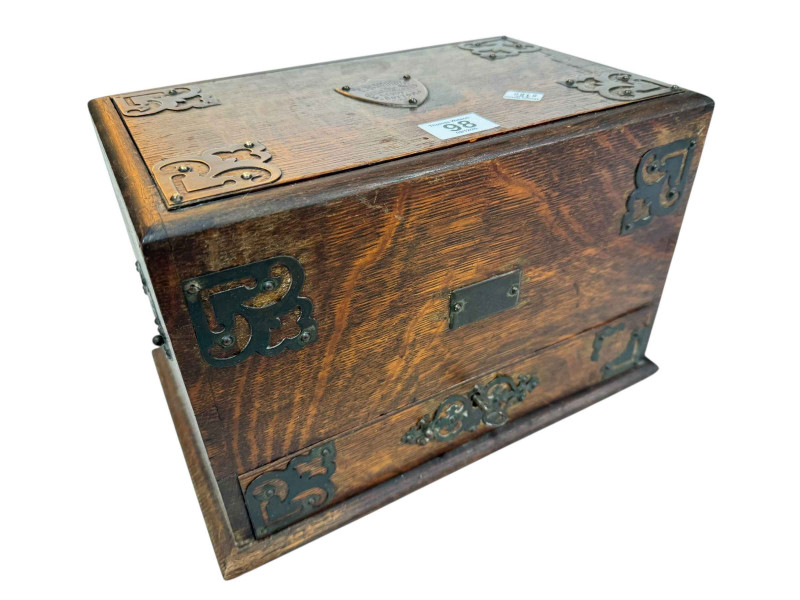 Victorian oak and metal bound metamorphic stationery box.
