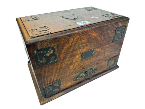 Victorian oak and metal bound metamorphic stationery box.