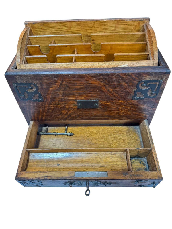 Victorian oak and metal bound metamorphic stationery box.