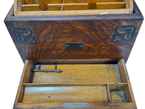 Victorian oak and metal bound metamorphic stationery box. thumbnail