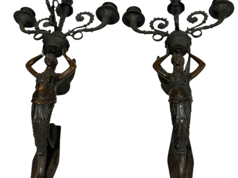 Pair bronze winged figural wall mounted candelabra, 49cm.