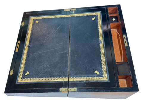 Victorian oak port writing box and Victorian mahogany sarcophagus jewellery box. thumbnail