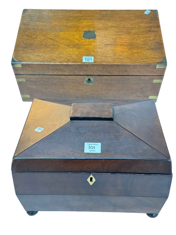 Victorian oak port writing box and Victorian mahogany sarcophagus jewellery box.