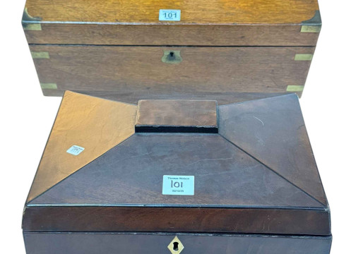 Victorian oak port writing box and Victorian mahogany sarcophagus jewellery...