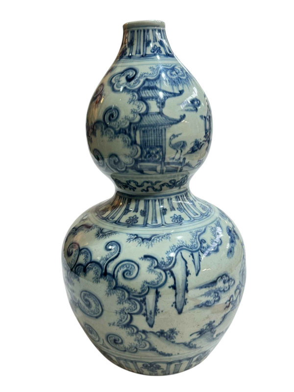 Large Chinese blue and white double gourd vase with continuous figures in pastimes decoration, unglazed base, 46.5cm.