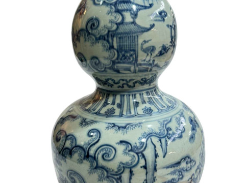 Large Chinese blue and white double gourd vase with continuous figures...