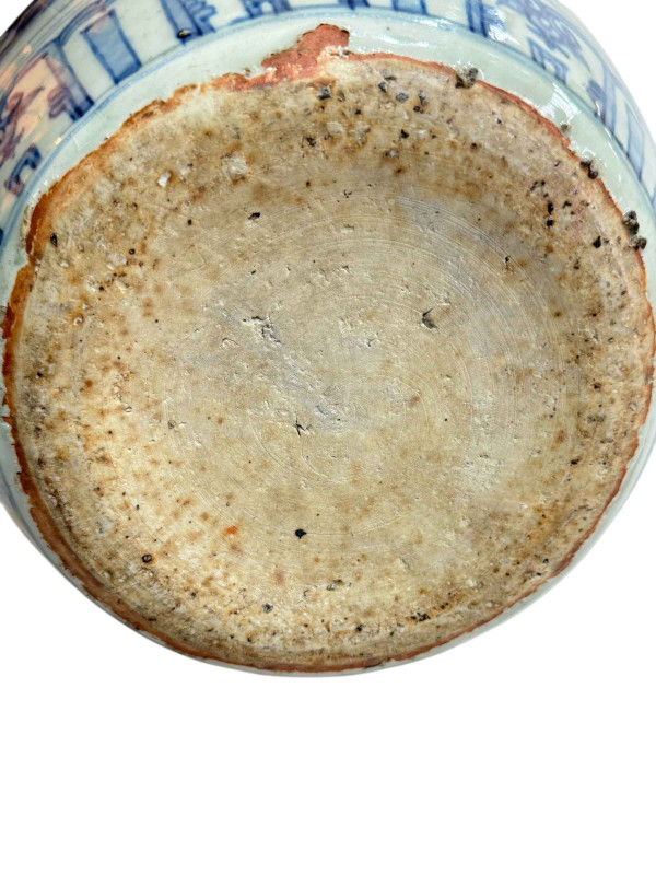 Large Chinese blue and white double gourd vase with continuous figures in pastimes decoration, unglazed base, 46.5cm.