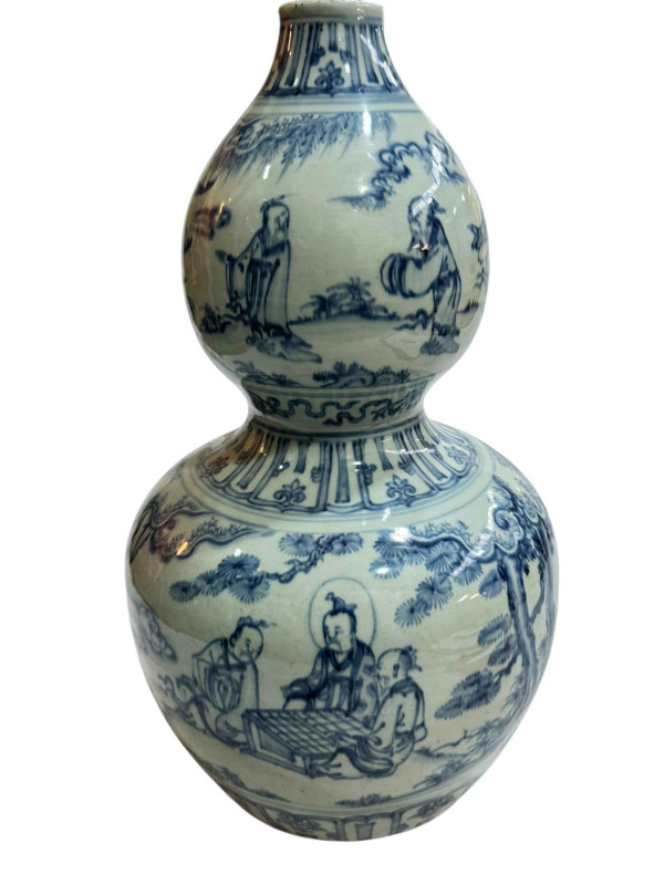 Large Chinese blue and white double gourd vase with continuous figures in pastimes decoration, unglazed base, 46.5cm.