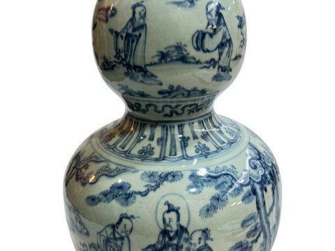 Large Chinese blue and white double gourd vase with continuous figures in pastimes decoration, unglazed base, 46.5cm. thumbnail