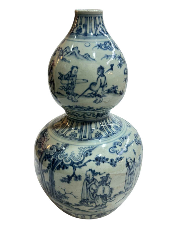 Large Chinese blue and white double gourd vase with continuous figures in pastimes decoration, unglazed base, 46.5cm.