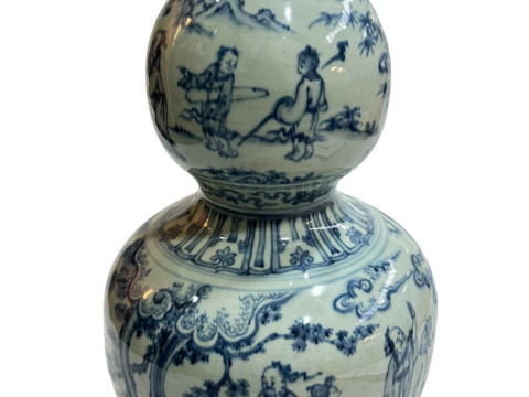 Large Chinese blue and white double gourd vase with continuous figures in pastimes decoration, unglazed base, 46.5cm. thumbnail
