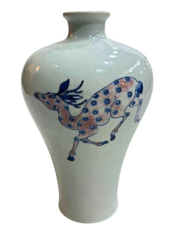 Chinese blue and red deer vase, double circled six character mark, 23cm.