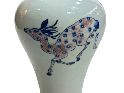 Chinese blue and red deer vase, double circled six character mark, 23cm. thumbnail