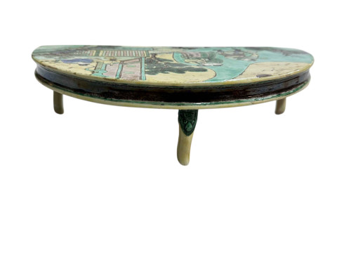 Chinese famille verte half-moon stand with figure decoration and on mask headed shaped legs, 27cm across. thumbnail