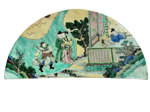 Chinese famille verte half-moon stand with figure decoration and on mask...