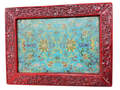 Chinese Cloisonné plaque in a carved cinnabar frame, six character mark...
