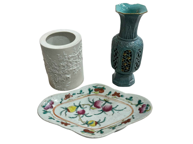 Chinese fruit branch decorated dish, 22cm wide, white brush pot and pierced blue vase (3).