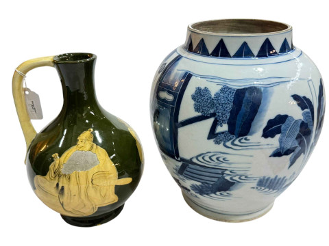 Large Chinese blue and white vase and green pottery ewer decorated with figures. thumbnail