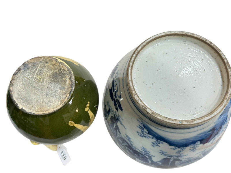 Large Chinese blue and white vase and green pottery ewer decorated with figures.