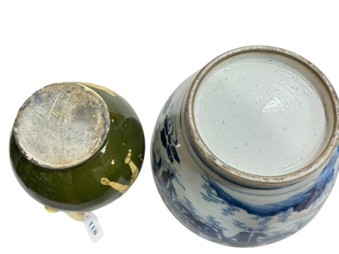 Large Chinese blue and white vase and green pottery ewer decorated with figures. thumbnail