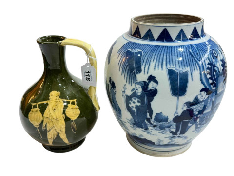 Large Chinese blue and white vase and green pottery ewer decorated with...