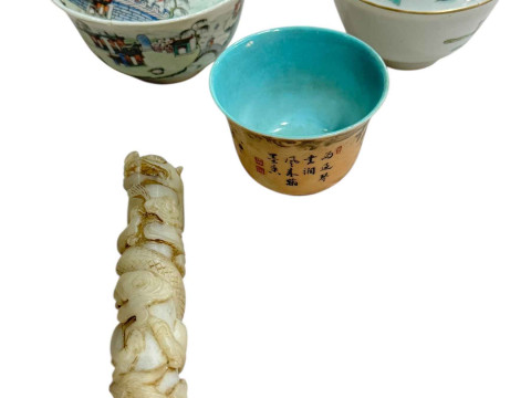 Two tea bowls and covers, small tea bowl and jade carving.