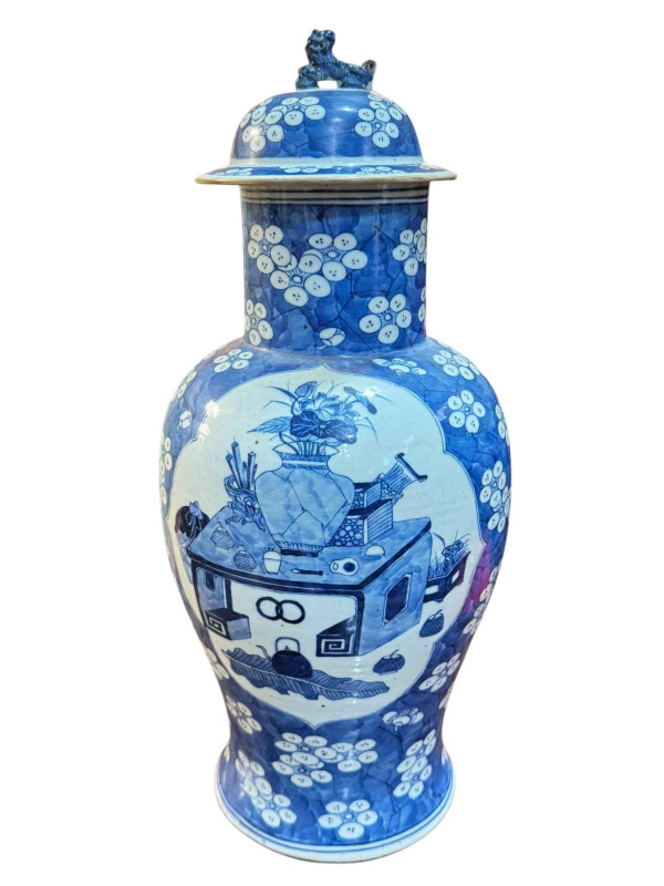 Large Chinese blue and white vase and cover with prunus and panel decoration, 46cm.