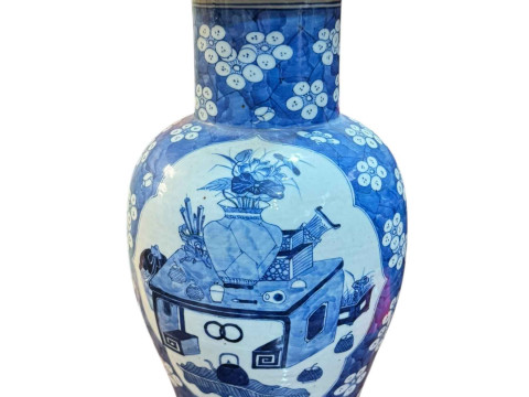 Large Chinese blue and white vase and cover with prunus and panel decoration,...