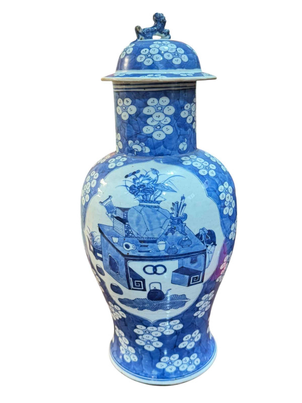 Large Chinese blue and white vase and cover with prunus and panel decoration, 46cm.