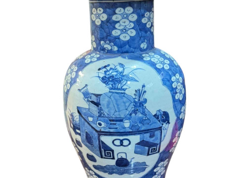 Large Chinese blue and white vase and cover with prunus and panel decoration, 46cm. thumbnail